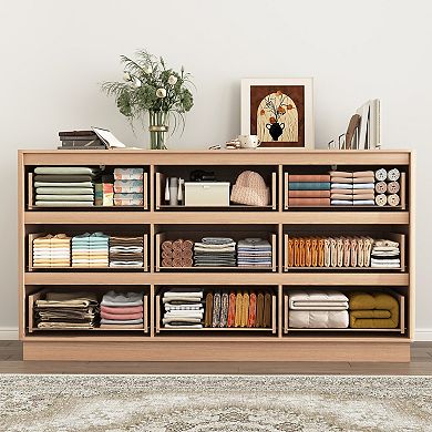 Pnronnc Minimalist Handleless 9 Drawer Dresser Cabinet Side Table Living Room Storage