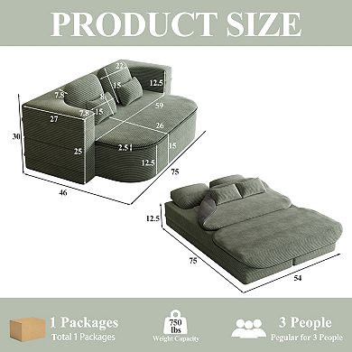 Pnronnc Corduroy Fabric 2-in-1 Foldable Sofa, Convertible Sleeper Sofa Bed with 4 Pillows