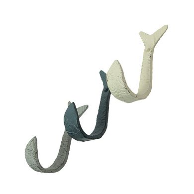 Set of 3 Flipping Fish Wall Hooks - 4" - Blue, Gray, White - Coastal Decor