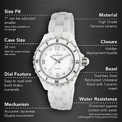 Peugeot Womens 36mm White Genuine Ceramic Watch with Sport Bezel