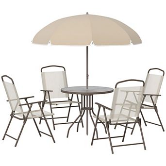 6 pc Patio Dining Set with 4 Folding Chairs, Glass Table, and Umbrella for Outdoor Use