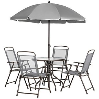 6 pc Patio Dining Set with 4 Folding Chairs, Glass Table, and Umbrella for Outdoor Use