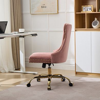 Velvet 360° Swivel Office Chair, Tufted Button, Nailhead, Vintage