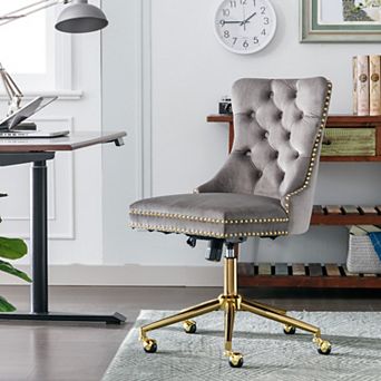 Velvet 360° Swivel Office Chair, Tufted Button, Nailhead, Vintage