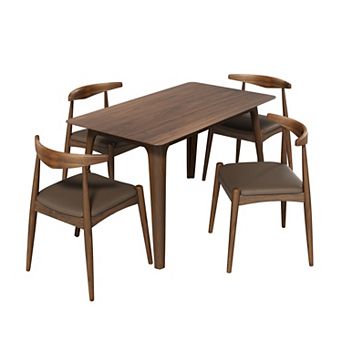 Pnronnc 5 pc Retro Dining Table Set with Rubberwood Table & Faux Leather Upholstered Chairs