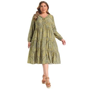 Women's Plus Size Dress Floral Print Ruffle V Neck Lantern Sleeve Tiered A Line Dresses with Pockets