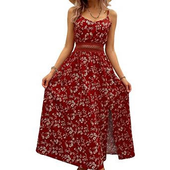 Women's Floral Maxi Dress with Smocked Waist - Spaghetti Strap Side Slit Bohemian Summer Dress