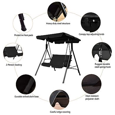 2-Seat Patio Swing Chair with Adjustable Canopy and Cushioned Seat for Patio or Yard