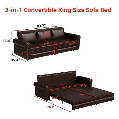Pnronnc Sleeper Couch Convertible King Sofa Bed, Pull Out Faux Leather Sofa Bed