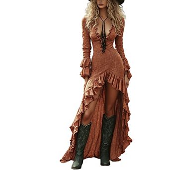 Women's Deep V-Neck Long Sleeve Ruffle Asymmetric Hem Solid Bodycon Maxi Dress