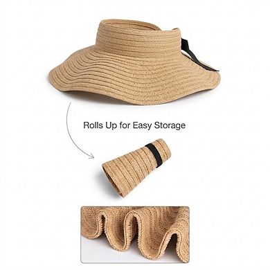 Women Straw Sun Visor Hat Wide Brim Rollable Packable Adjustable Open Top Summer Hat
