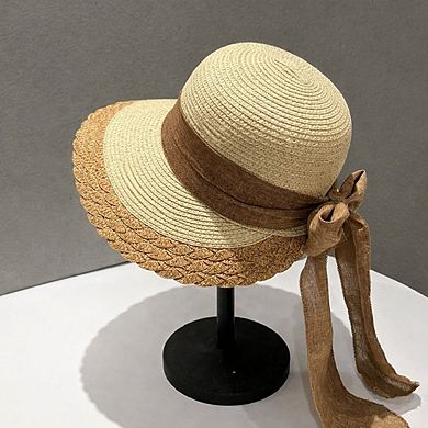 Women Straw Sun Hat Wide Brim Bow Ribbon Lightweight Woven Summer Beach Hat