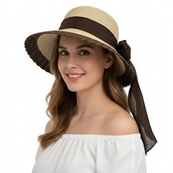 Women Straw Sun Hat Wide Brim Bow Ribbon Lightweight Woven Summer Beach Hat