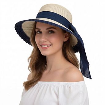 Women Straw Sun Hat Wide Brim Bow Ribbon Lightweight Woven Summer Beach Hat