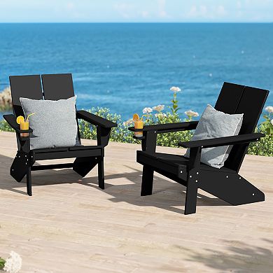 Outdoor HDPE Modern Adirondack Chair with Cup Holder (Set of 2)