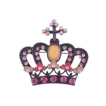 Princess Crown Black Tone Pink Rhinestone Tiara Royal Queen Brooch Pin