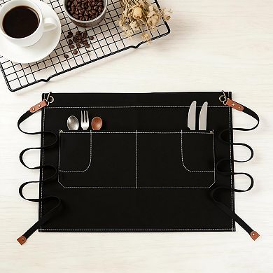 Waist Apron Cotton Work Apron with Multi Pocket Utility Design Adjustable Tie for Cooking Server