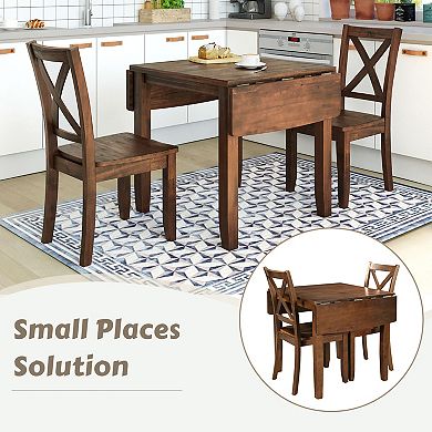 Pnronnc 3-Piece Drop Leaf Wooden Dining Set, Kitchen Table Set with 2 X-Back Chairs