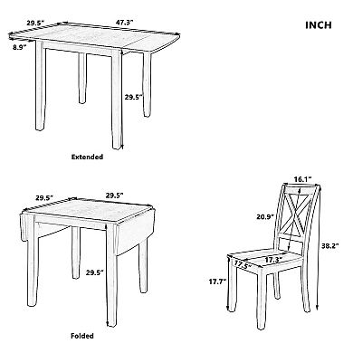 Pnronnc 3-Piece Drop Leaf Wooden Dining Set, Kitchen Table Set with 2 X-Back Chairs