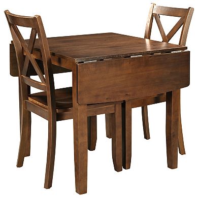 Pnronnc 3-Piece Drop Leaf Wooden Dining Set, Kitchen Table Set with 2 X-Back Chairs