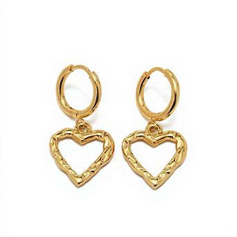 Heart Drop Hoop Earrings with Textured Open Heart Charm Feminine Jewelry