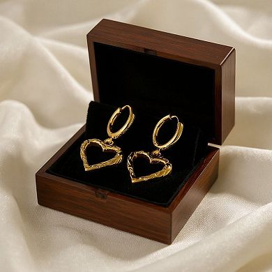 Heart Drop Hoop Earrings with Textured Open Heart Charm Feminine Jewelry