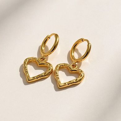 Heart Drop Hoop Earrings with Textured Open Heart Charm Feminine Jewelry
