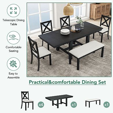 Pnronnc 6-Piece Dining Table Set, Extendable Kitchen Dining Set with Bench and Upholstered Chairs