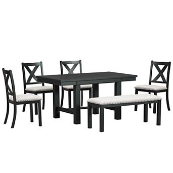 Pnronnc 6 pc Dining Table Set, Extendable Kitchen Dining Set with Bench and Upholstered Chairs