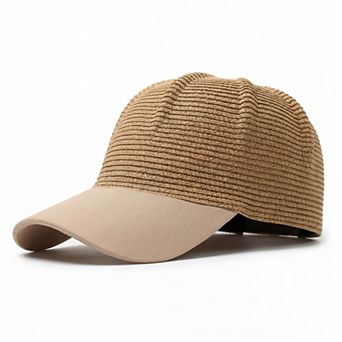 Women Straw Baseball Cap Woven Crown Fabric Brim Lightweight Breathable Summer Hat