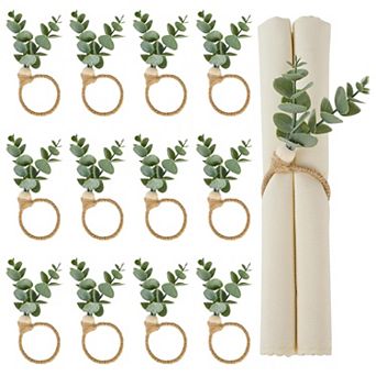 12 pc Napkin Ring Set with Eucalyptus Leaves and Wooden Beads, Country Style Napkin Rings