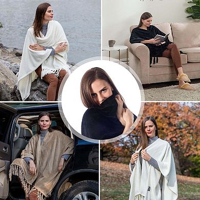 Gift for Mom Fleece Wearable Throw Poncho - Throw Blanket Fringed Wrap - Fleece Cape
