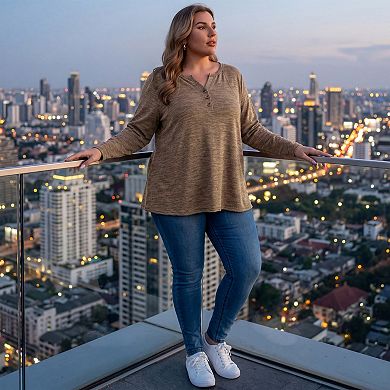Women's Plus Size Blouses Pocket Notch Neck Button Decor Long Sleeve Loose Knit Blouse Top