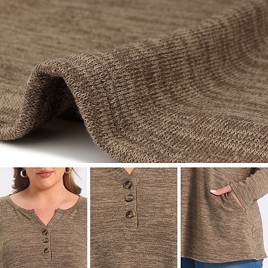 Women's Plus Size Blouses Pocket Notch Neck Button Decor Long Sleeve Loose Knit Blouse Top