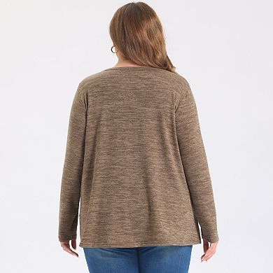 Women's Plus Size Blouses Pocket Notch Neck Button Decor Long Sleeve Loose Knit Blouse Top