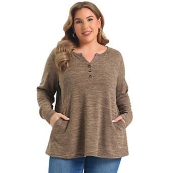 Women's Plus Size Blouses Pocket Notch Neck Button Decor Long Sleeve Loose Knit Blouse Top