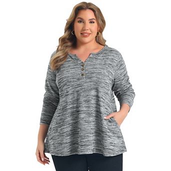Women's Plus Size Blouses Pocket Notch Neck Button Decor Long Sleeve Loose Knit Blouse Top