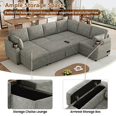 Pnronnc U Shaped Sectional Sofa Bed Sleeper Couch with Storage, Cup Holders and Charging Ports