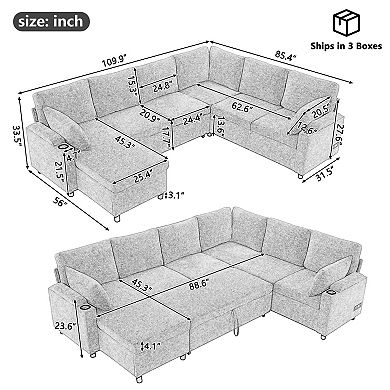 Pnronnc U Shaped Sectional Sofa Bed Sleeper Couch with Storage, Cup Holders and Charging Ports
