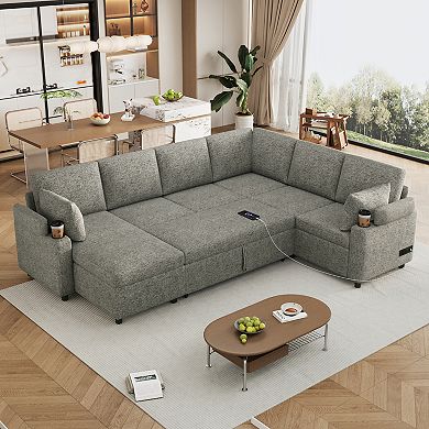 Pnronnc U Shaped Sectional Sofa Bed Sleeper Couch with Storage, Cup Holders and Charging Ports