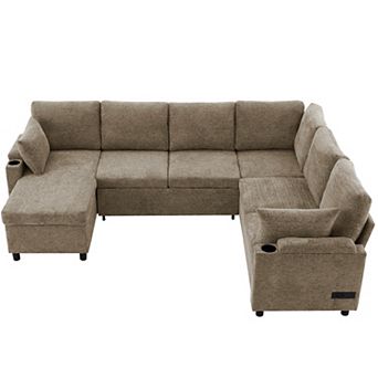 Pnronnc U Shaped Sectional Sofa Bed Sleeper Couch with Storage, Cup Holders and Charging Ports
