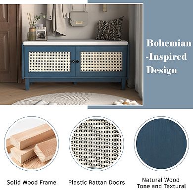 Boho Rattan Shoe Storage Bench - Wooden Shoe Organizer Rack with 2 Doors, Cushion for Living Room