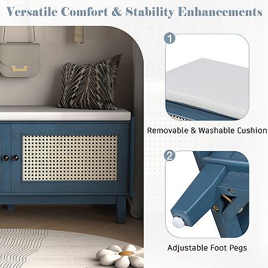 Boho Rattan Shoe Storage Bench - Wooden Shoe Organizer Rack with 2 Doors, Cushion for Living Room