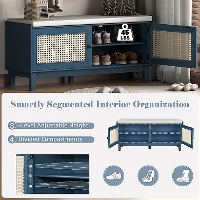 Boho Rattan Shoe Storage Bench - Wooden Shoe Organizer Rack with 2 Doors, Cushion for Living Room