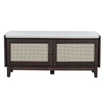 Boho Rattan Shoe Storage Bench - Wooden Shoe Organizer Rack with 2 Doors, Cushion for Living Room