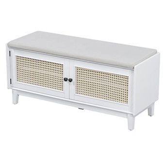 Boho Rattan Shoe Storage Bench - Wooden Shoe Organizer Rack with 2 Doors, Cushion for Living Room