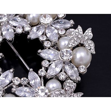 Silvery Tone Amethyst Purple Crystal Rhinestone Floral Wreath Brooch Pin