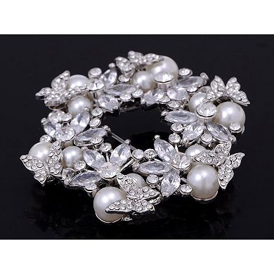 Silvery Tone Amethyst Purple Crystal Rhinestone Floral Wreath Brooch Pin