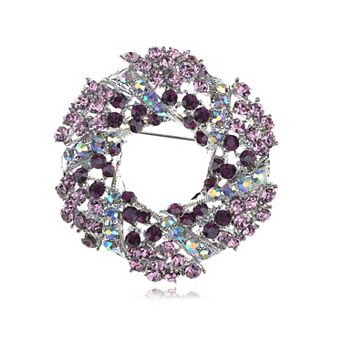 Silvery Tone Amethyst Purple Crystal Rhinestone Floral Wreath Brooch Pin