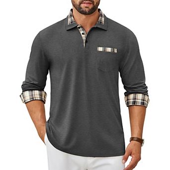 COOFANDY Men' Polo Shirt Long Sleeve Casual Button Polo Tee Plaid Collared Golg Shirt with Pocket